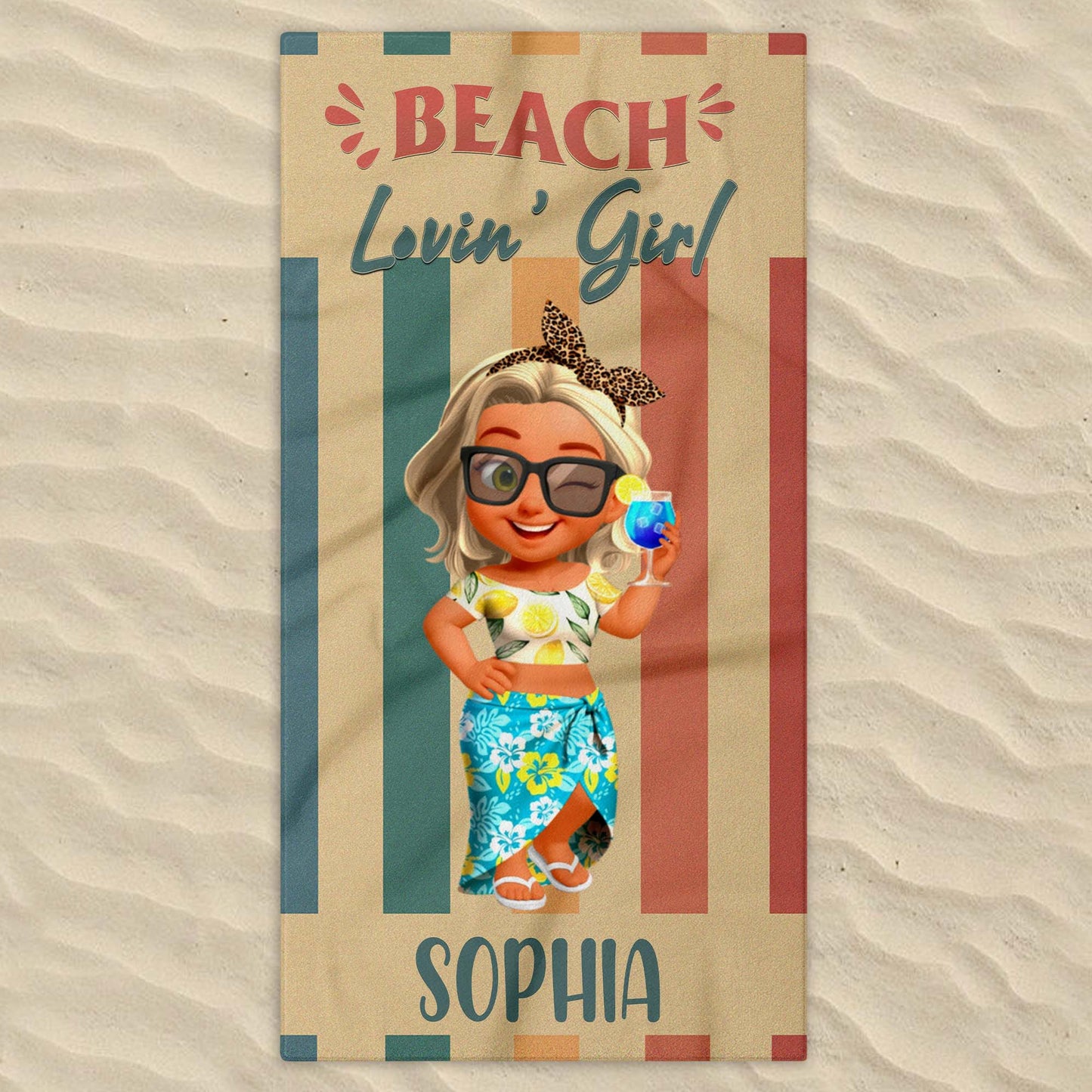 Beach Lovin' Girl, Tropical Drink and Sunglasses - Personalized Beach Towel - FAM374_BETO