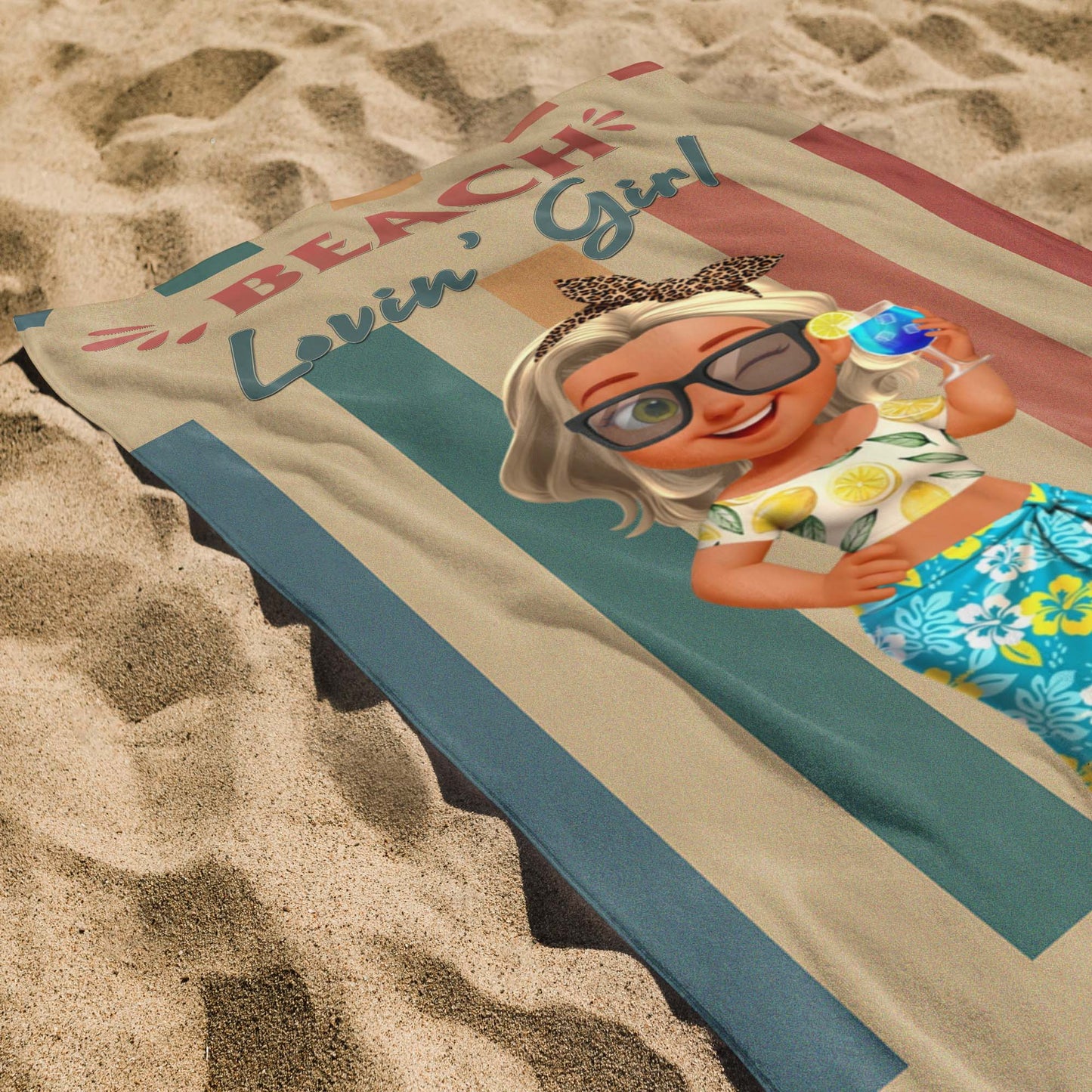 Beach Lovin' Girl, Tropical Drink and Sunglasses - Personalized Beach Towel - FAM374_BETO