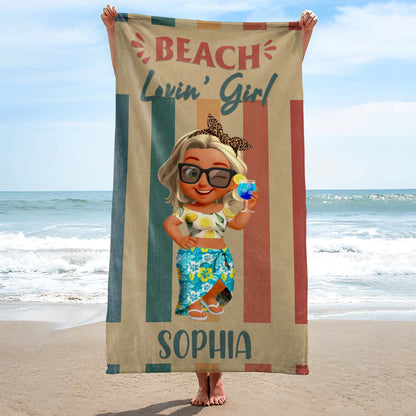 Beach Lovin' Girl, Tropical Drink and Sunglasses - Personalized Beach Towel - FAM374_BETO