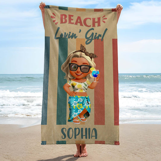 Beach Lovin' Girl, Tropical Drink and Sunglasses - Personalized Beach Towel - FAM374_BETO