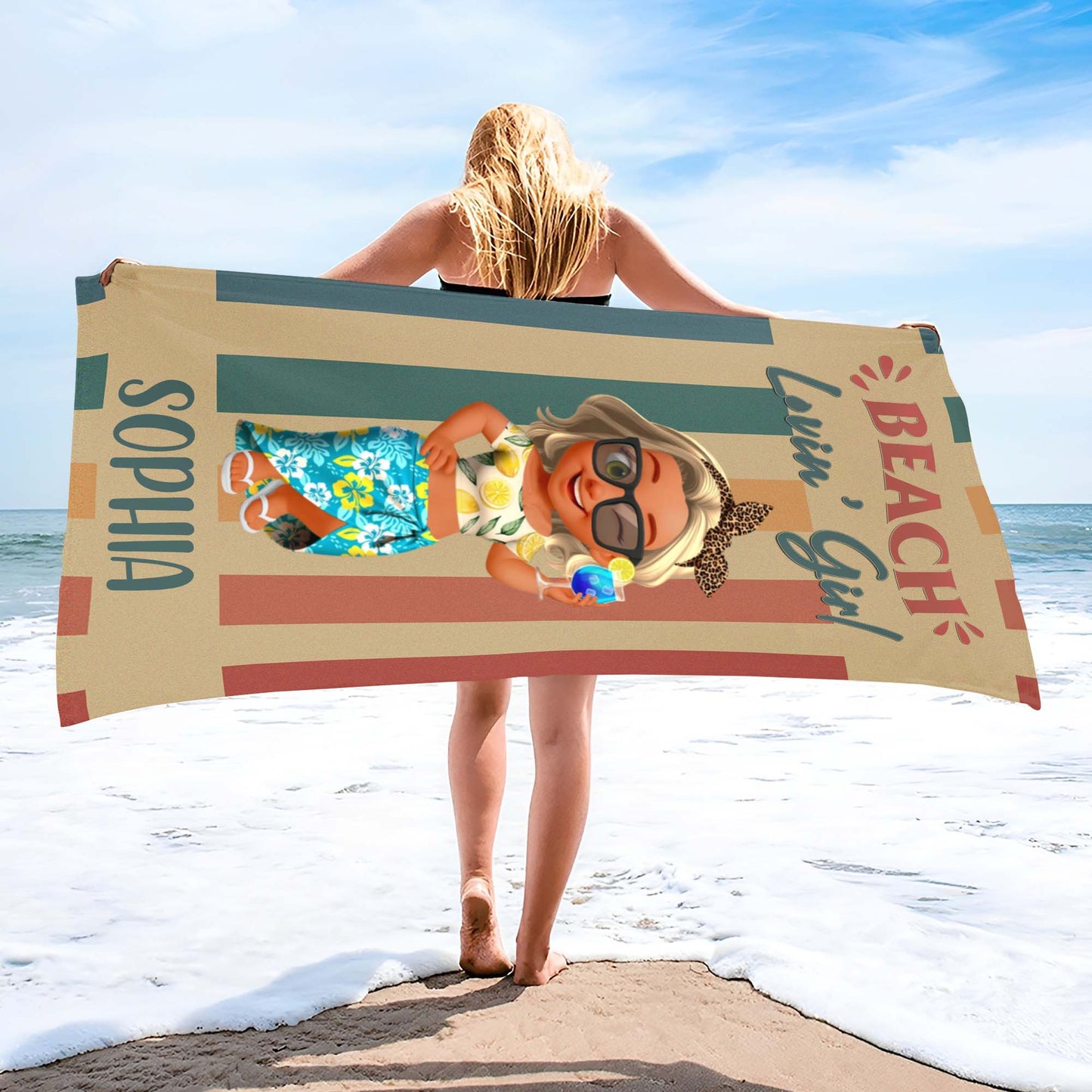 Beach Lovin' Girl, Tropical Drink and Sunglasses - Personalized Beach Towel - FAM374_BETO