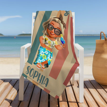 Beach Lovin' Girl, Tropical Drink and Sunglasses - Personalized Beach Towel - FAM374_BETO