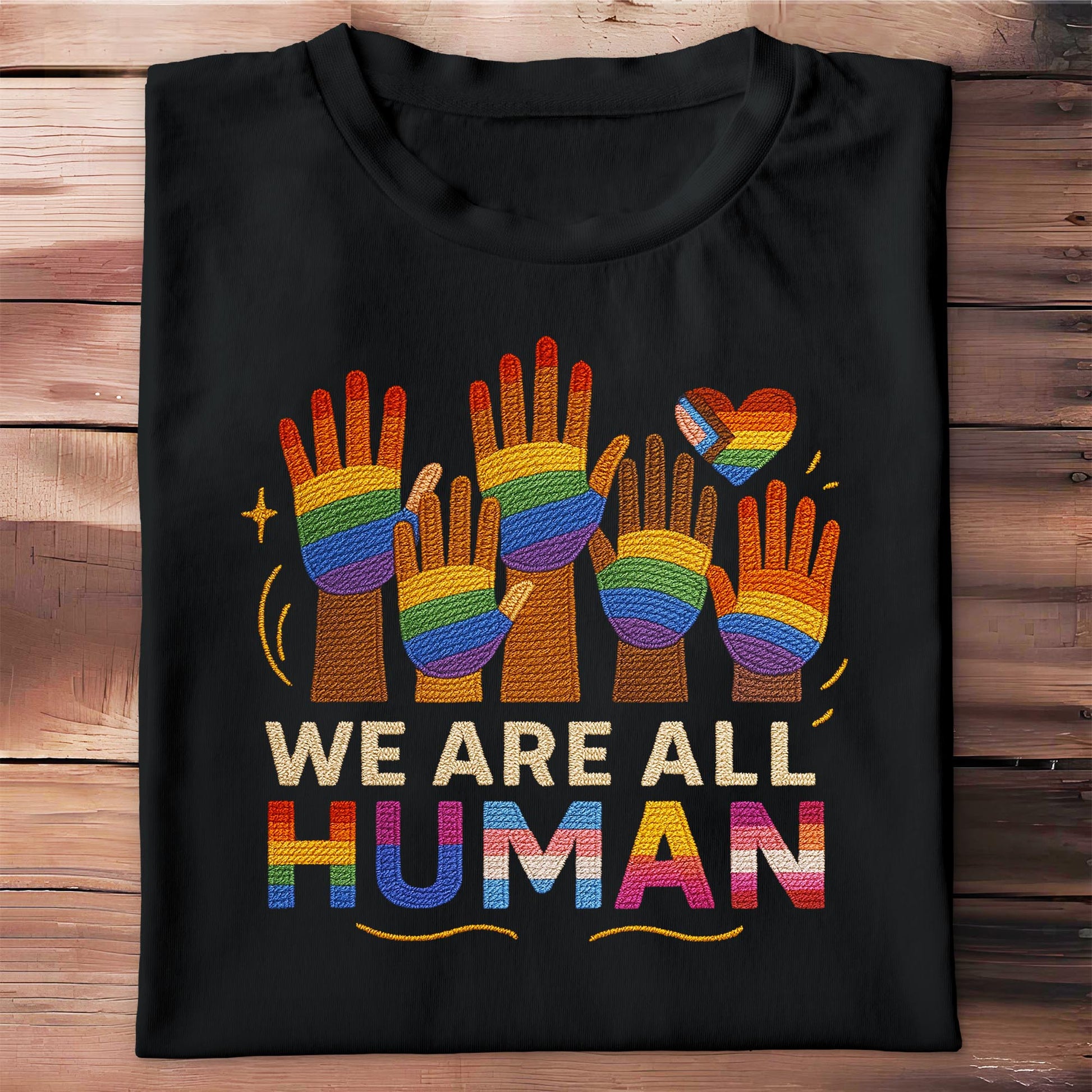 We Are All Human With Raised Hands And Heart Design