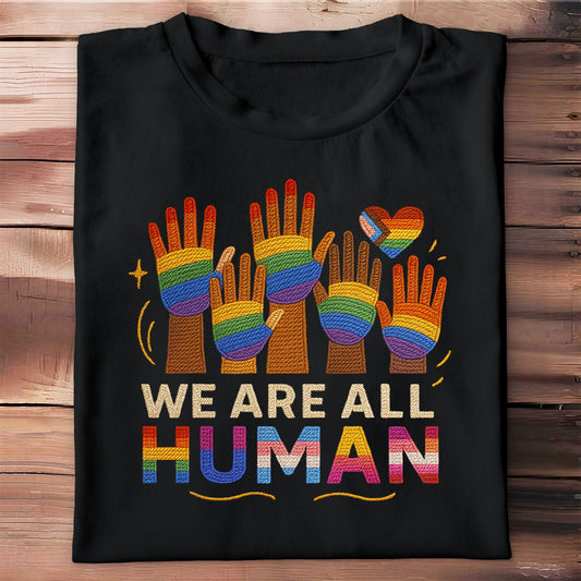We Are All Human With Raised Hands And Heart Design