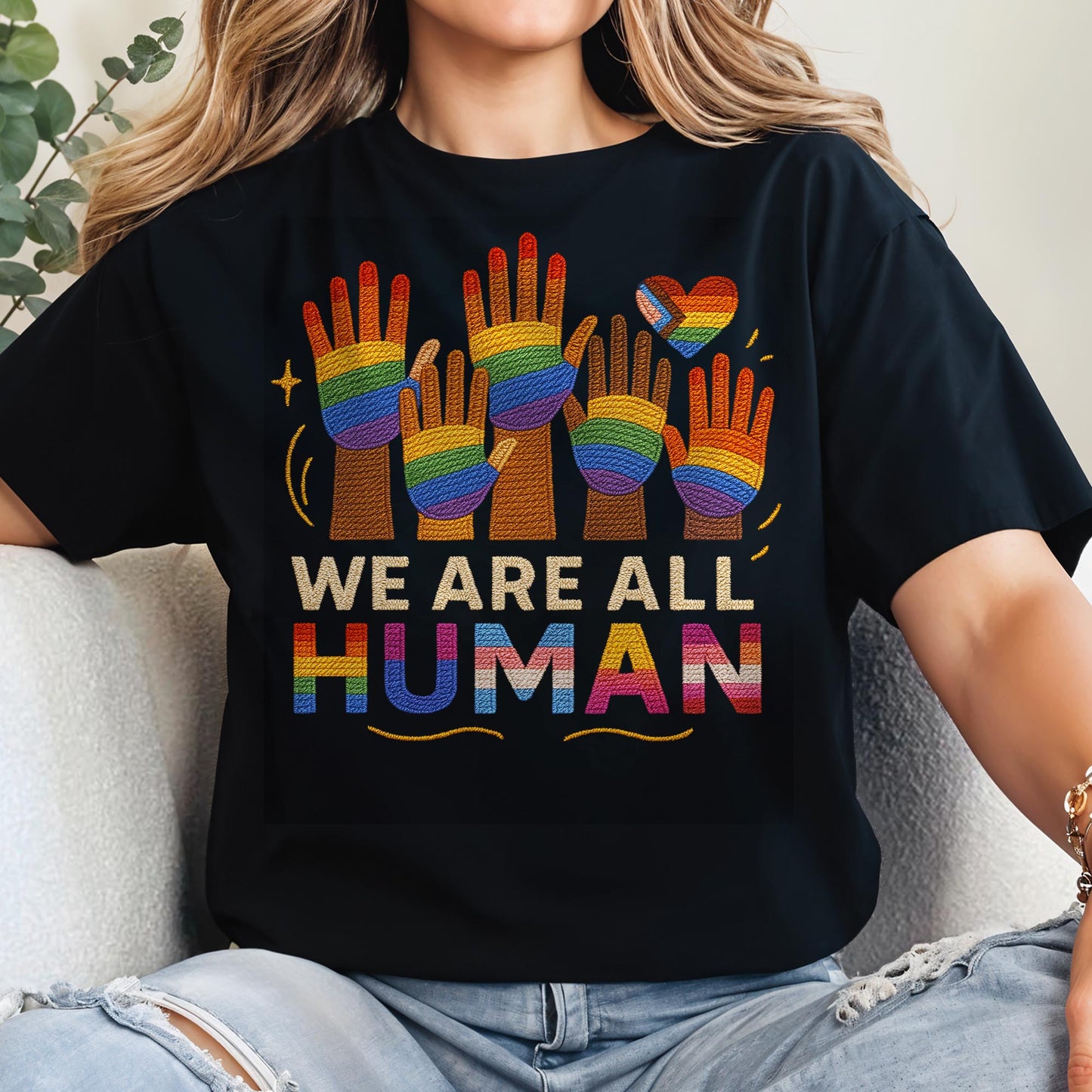 We Are All Human With Raised Hands And Heart Design