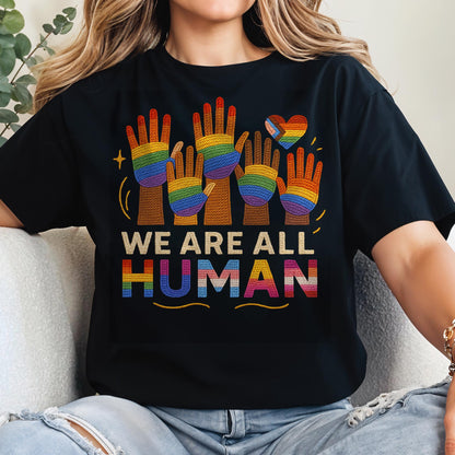 We Are All Human With Raised Hands And Heart Design