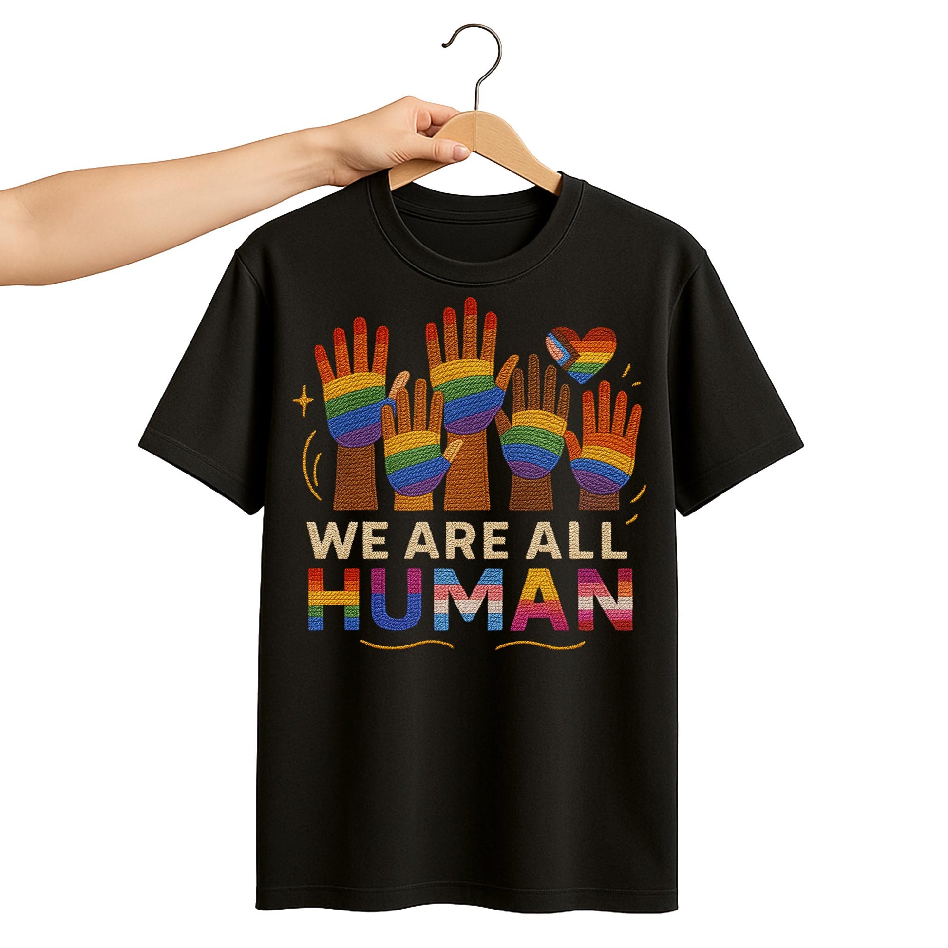 We Are All Human With Raised Hands And Heart Design