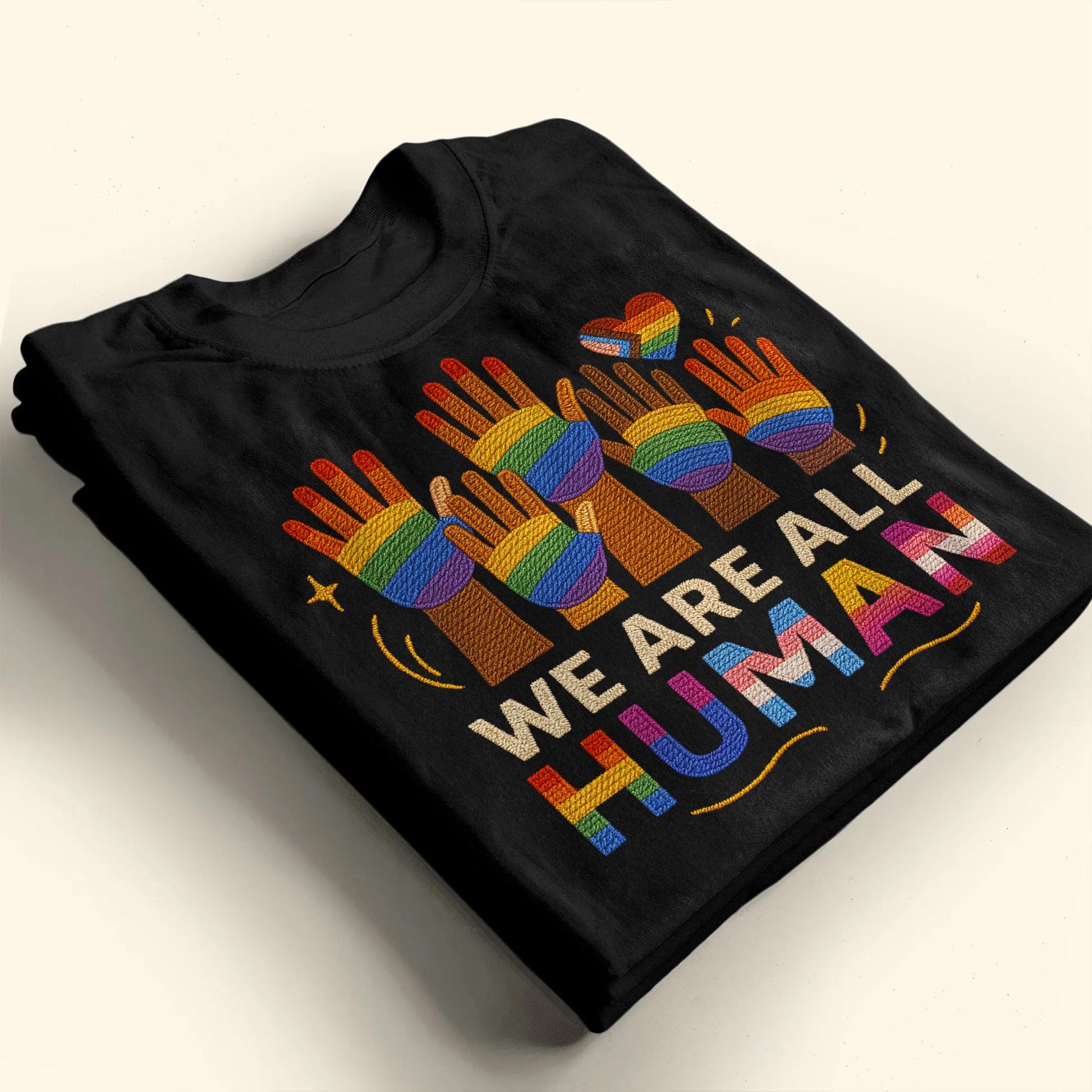We Are All Human With Raised Hands And Heart Design