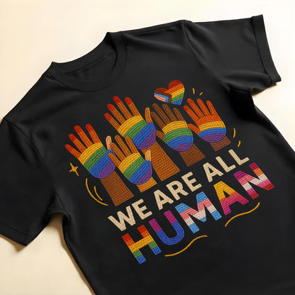 We Are All Human With Raised Hands And Heart Design