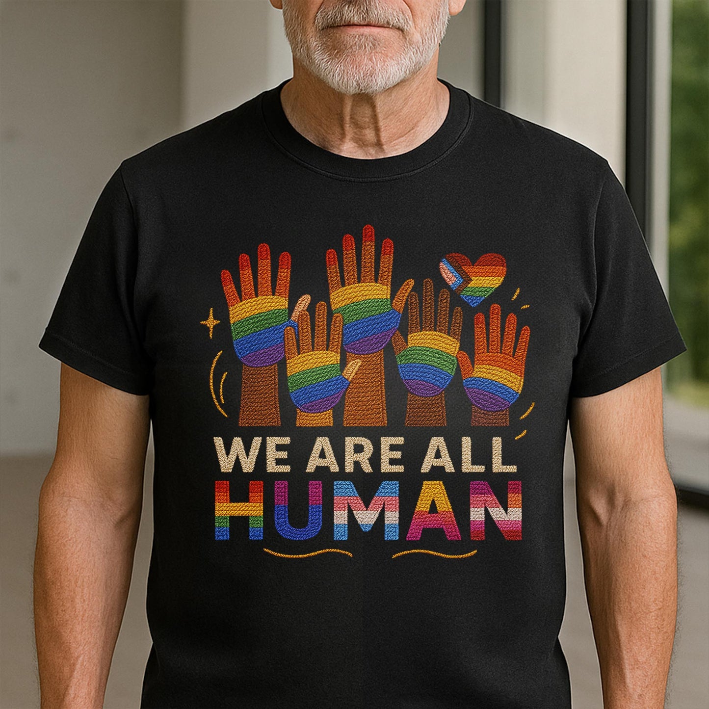 We Are All Human With Raised Hands And Heart Design