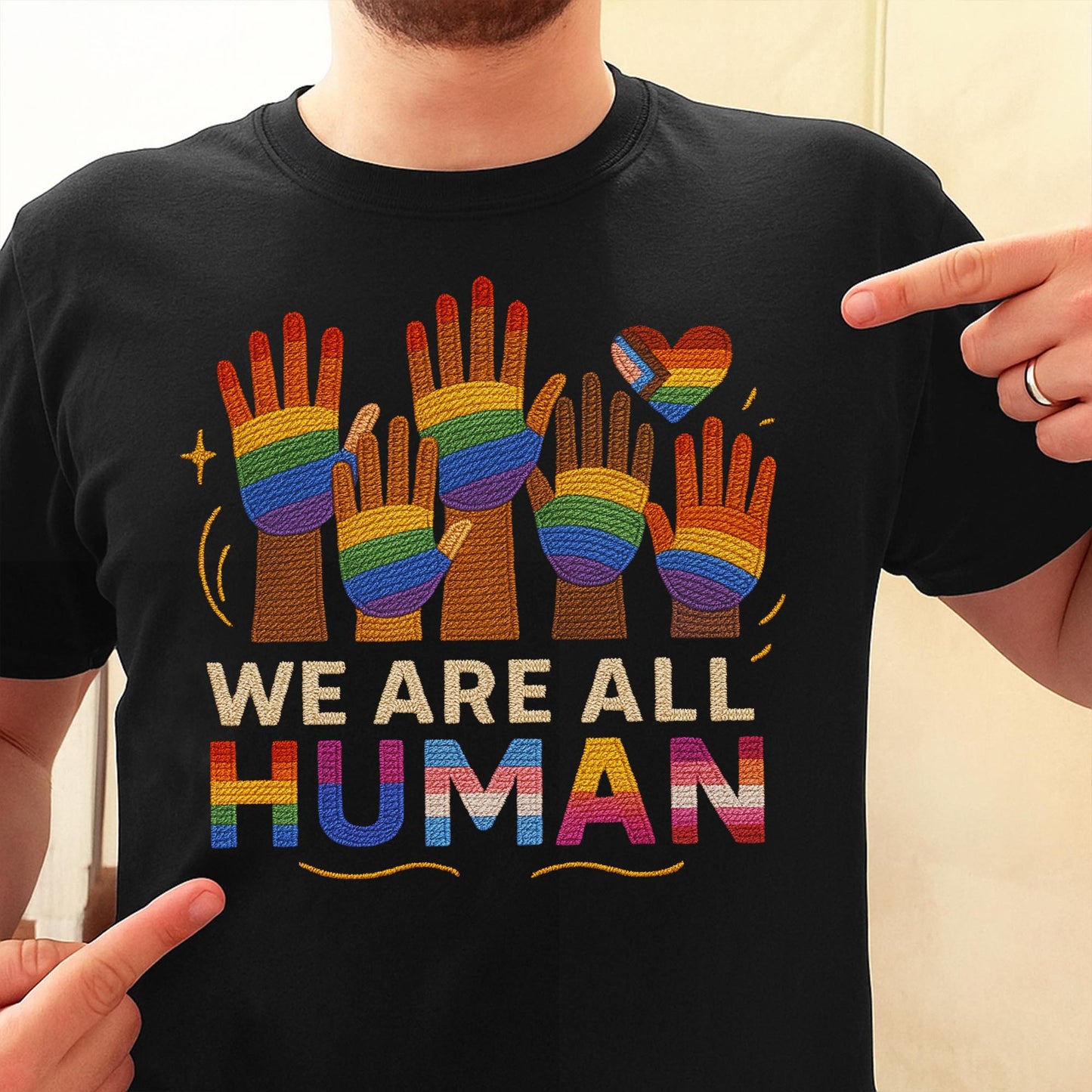We Are All Human With Raised Hands And Heart Design