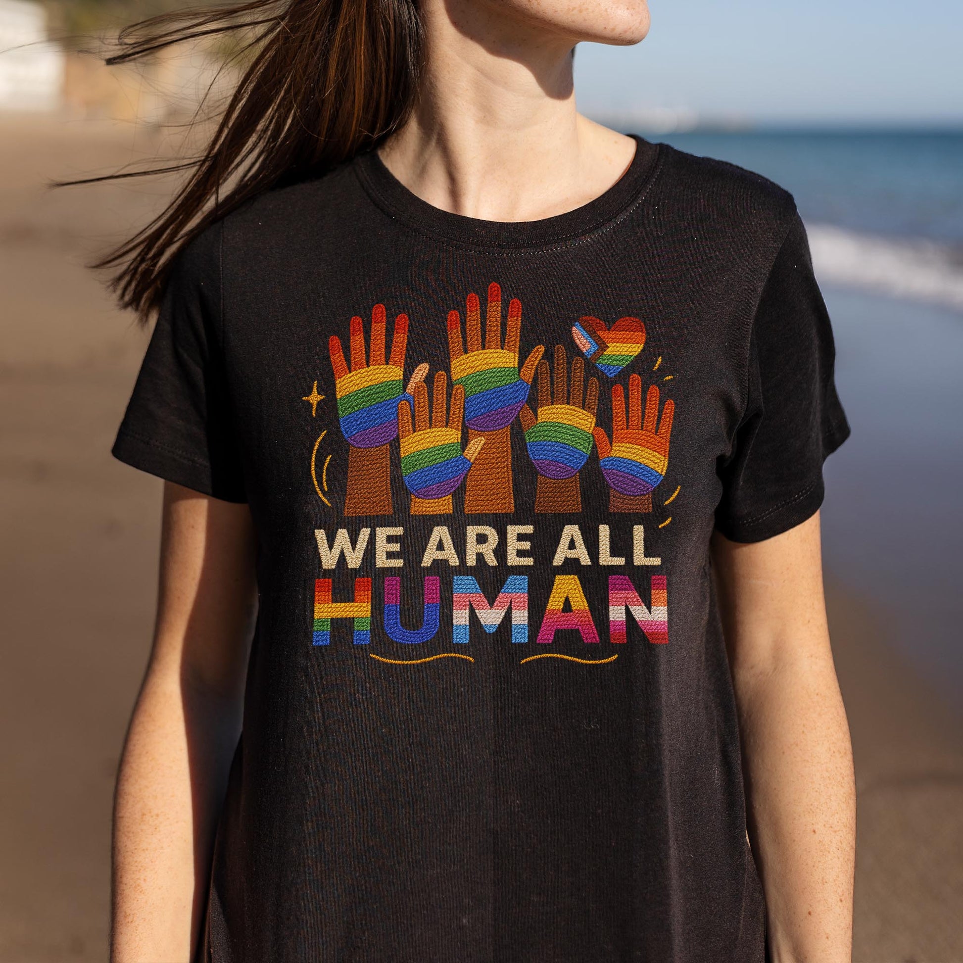 We Are All Human With Raised Hands And Heart Design