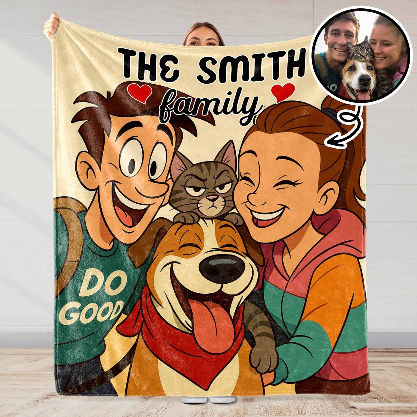 La famille Smith avec chien et chat – Couverture personnalisée – FAM402_BLK