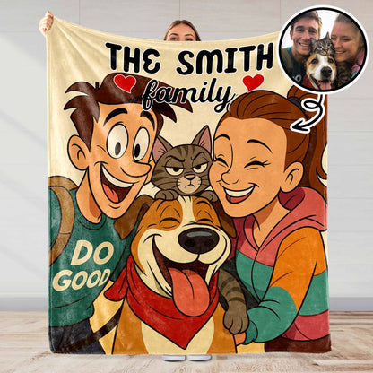 La famille Smith avec chien et chat – Couverture personnalisée – FAM402_BLK