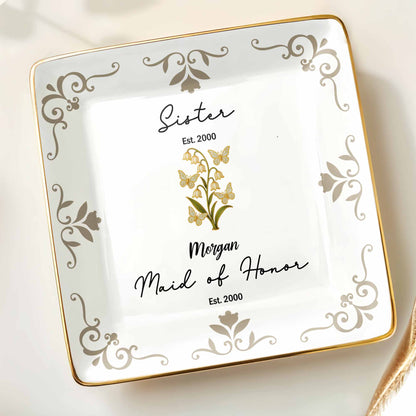 Plato de cerámica cuadrado con elegante diseño floral para dama de honor - Plato personalizado para joyería - FAM412_SCRF