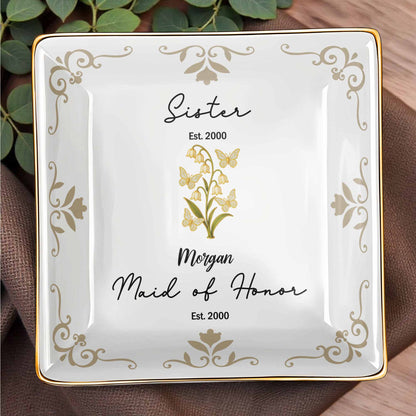 Plato de cerámica cuadrado con elegante diseño floral para dama de honor - Plato personalizado para joyería - FAM412_SCRF