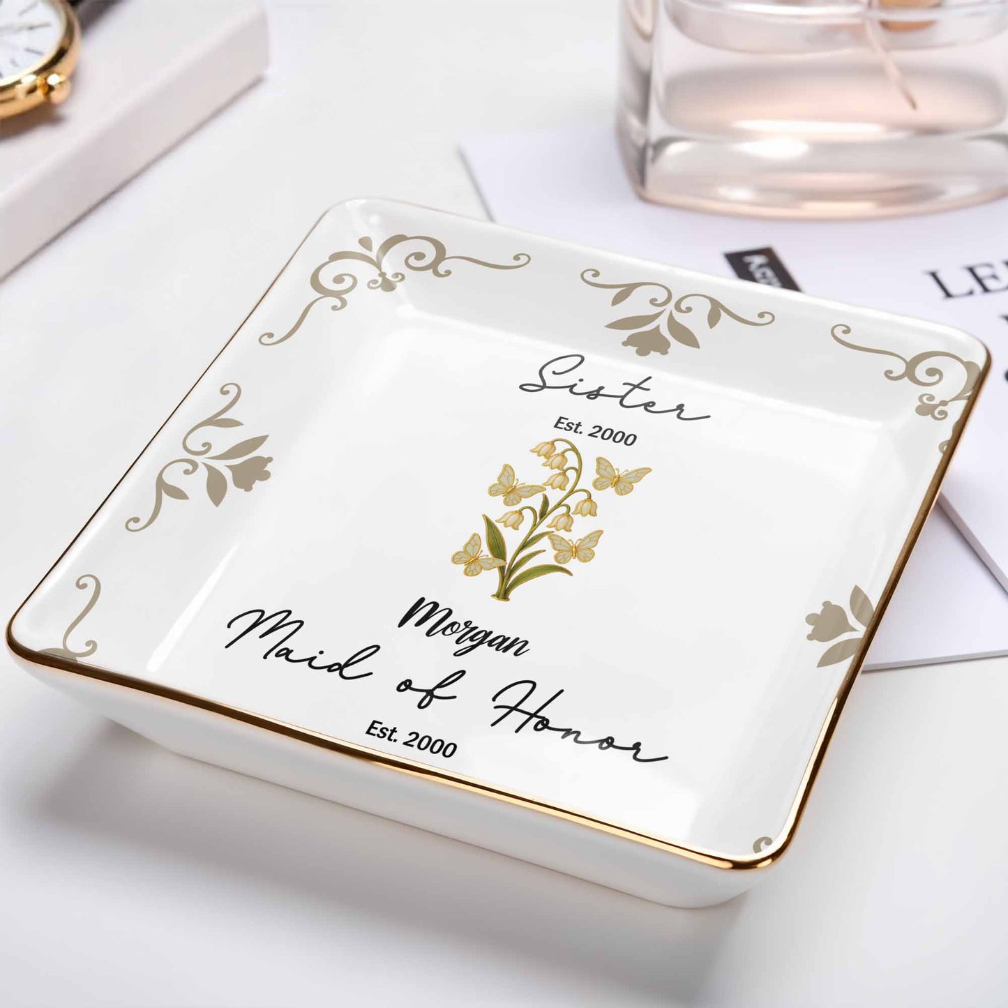 Plato de cerámica cuadrado con elegante diseño floral para dama de honor - Plato personalizado para joyería - FAM412_SCRF