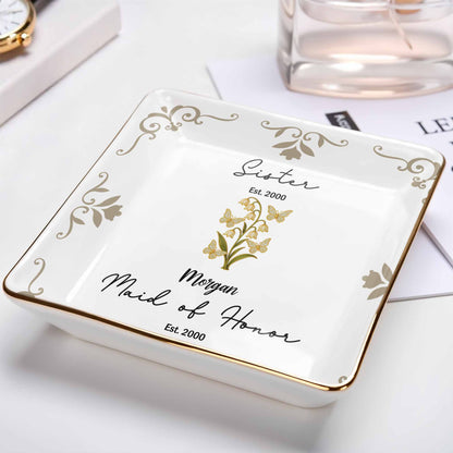 Plato de cerámica cuadrado con elegante diseño floral para dama de honor - Plato personalizado para joyería - FAM412_SCRF