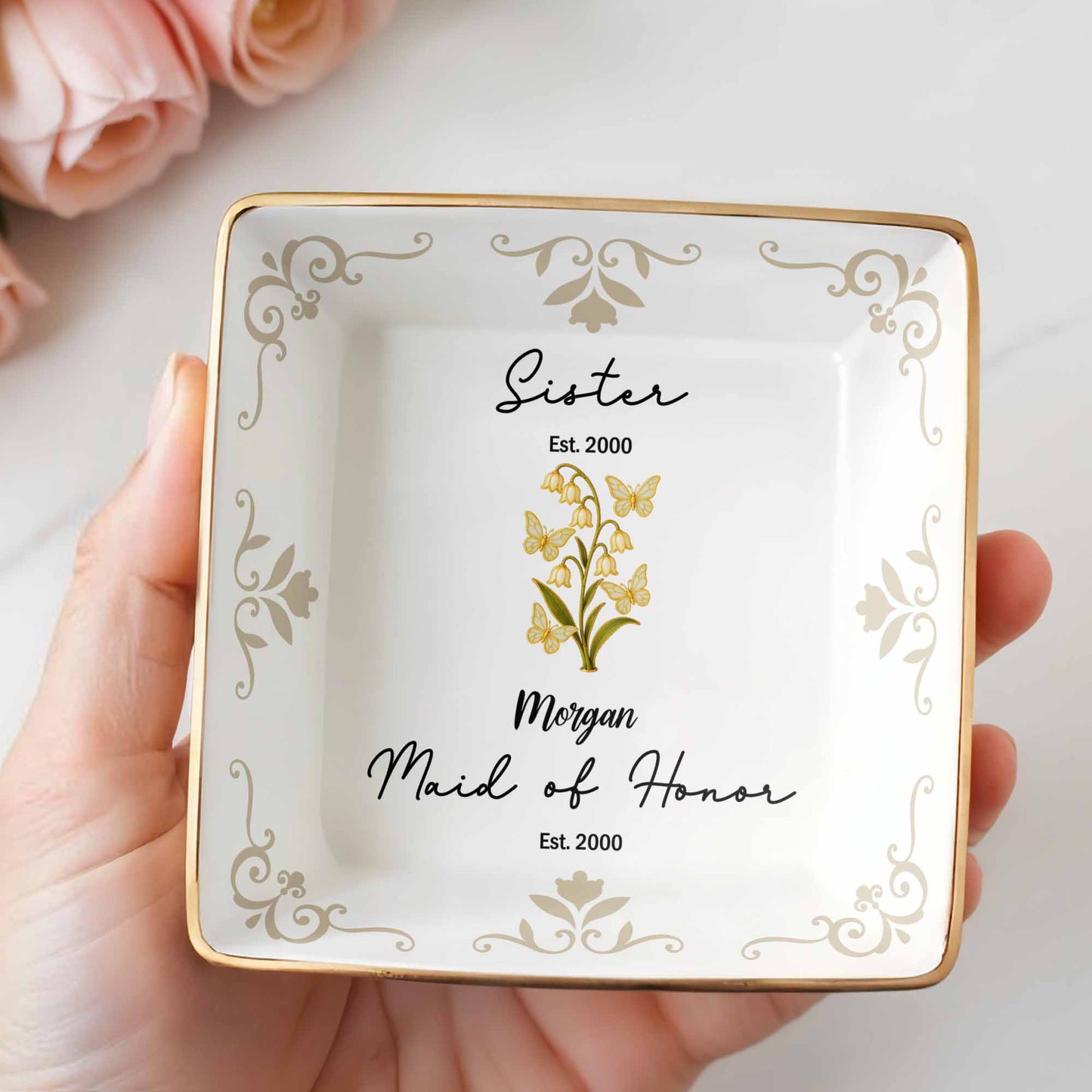 Plato de cerámica cuadrado con elegante diseño floral para dama de honor - Plato personalizado para joyería - FAM412_SCRF