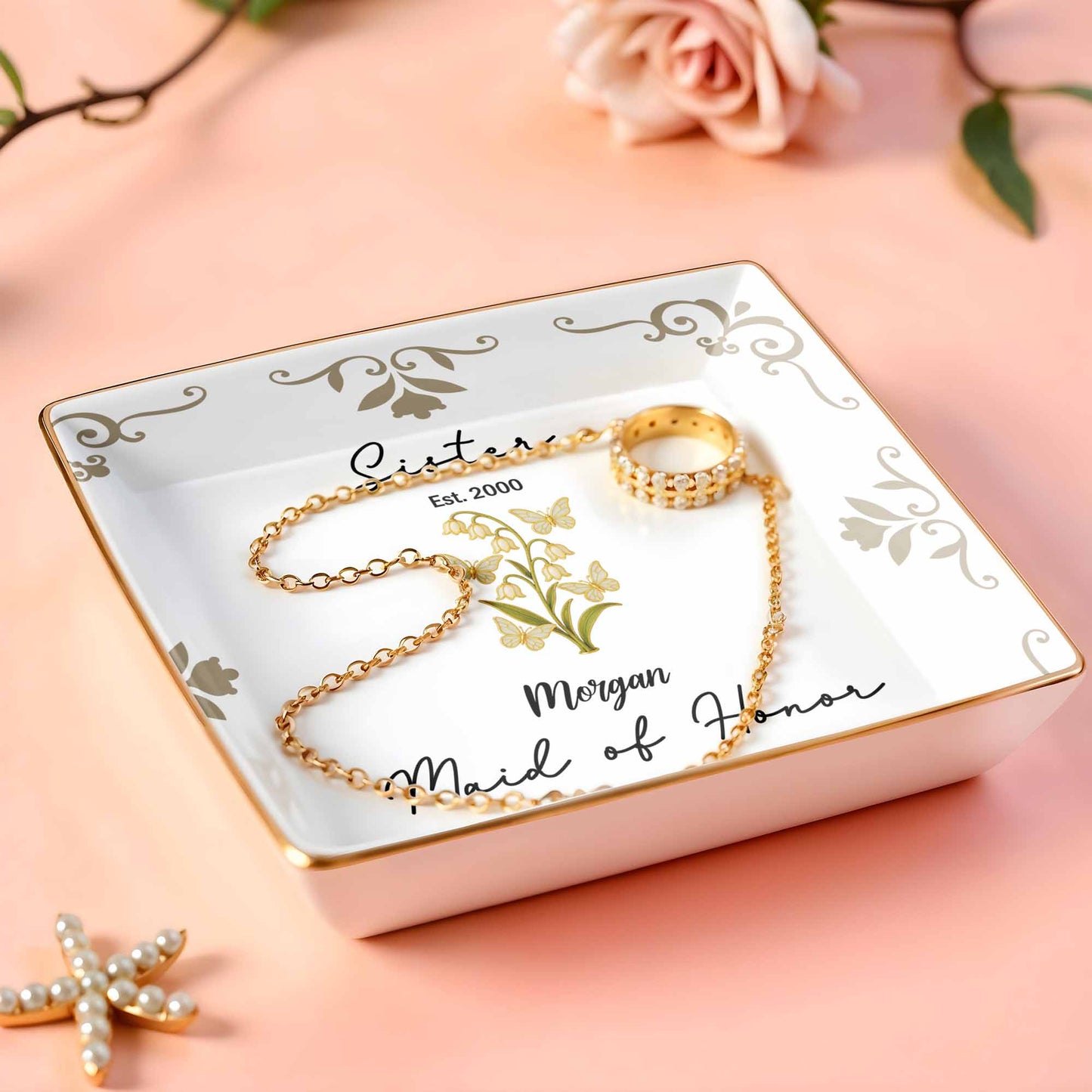 Plato de cerámica cuadrado con elegante diseño floral para dama de honor - Plato personalizado para joyería - FAM412_SCRF