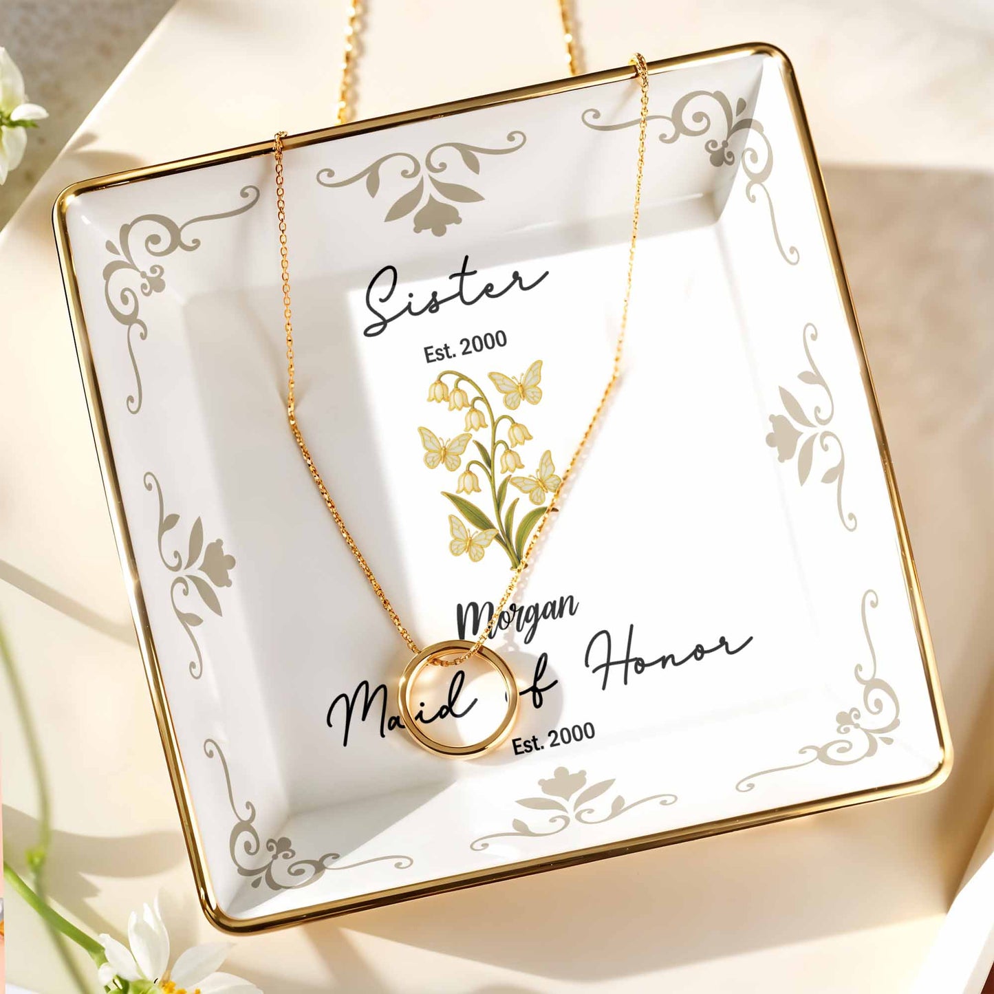 Plato de cerámica cuadrado con elegante diseño floral para dama de honor - Plato personalizado para joyería - FAM412_SCRF