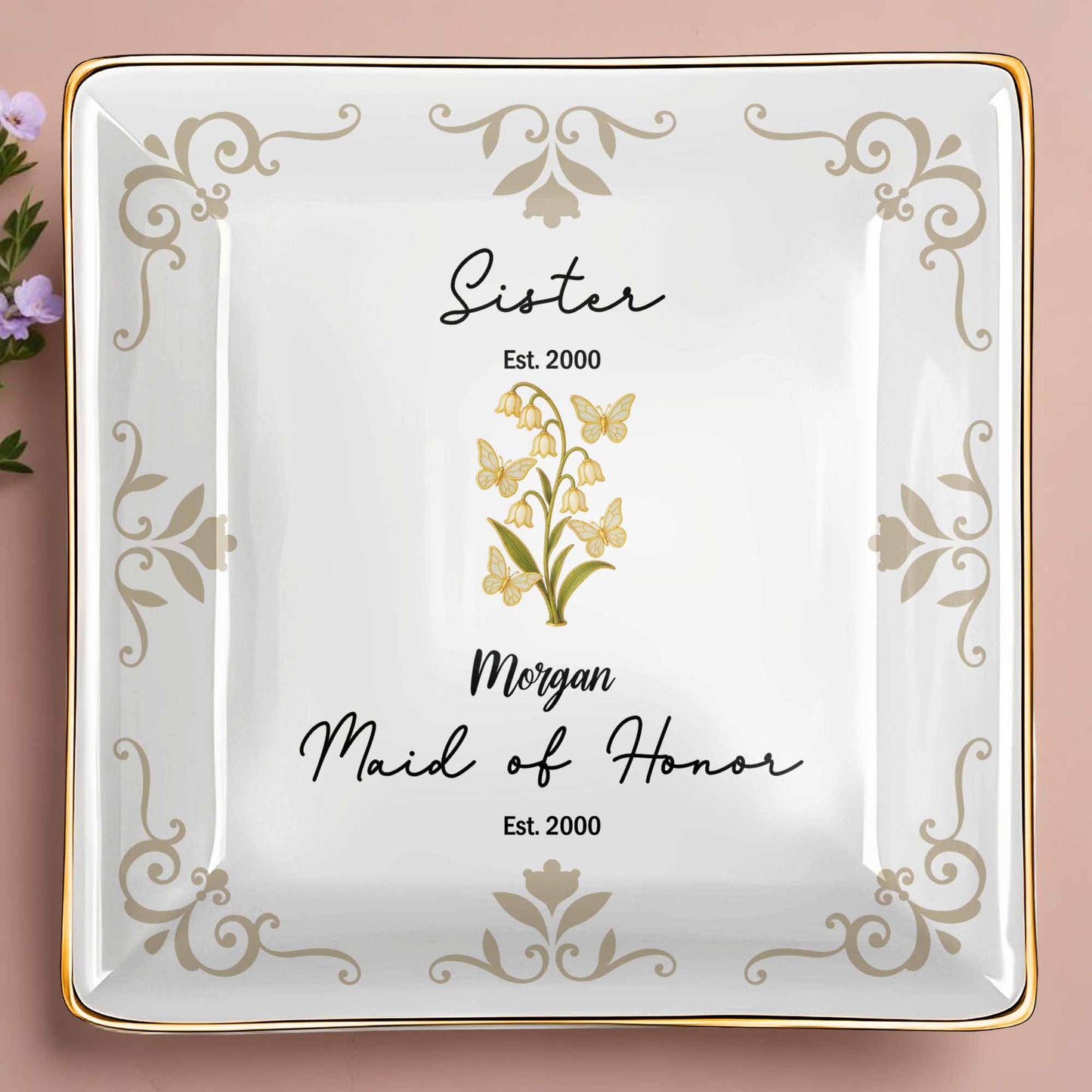 Plato de cerámica cuadrado con elegante diseño floral para dama de honor - Plato personalizado para joyería - FAM412_SCRF