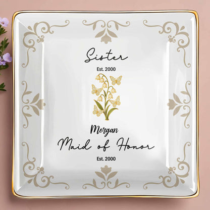 Plato de cerámica cuadrado con elegante diseño floral para dama de honor - Plato personalizado para joyería - FAM412_SCRF
