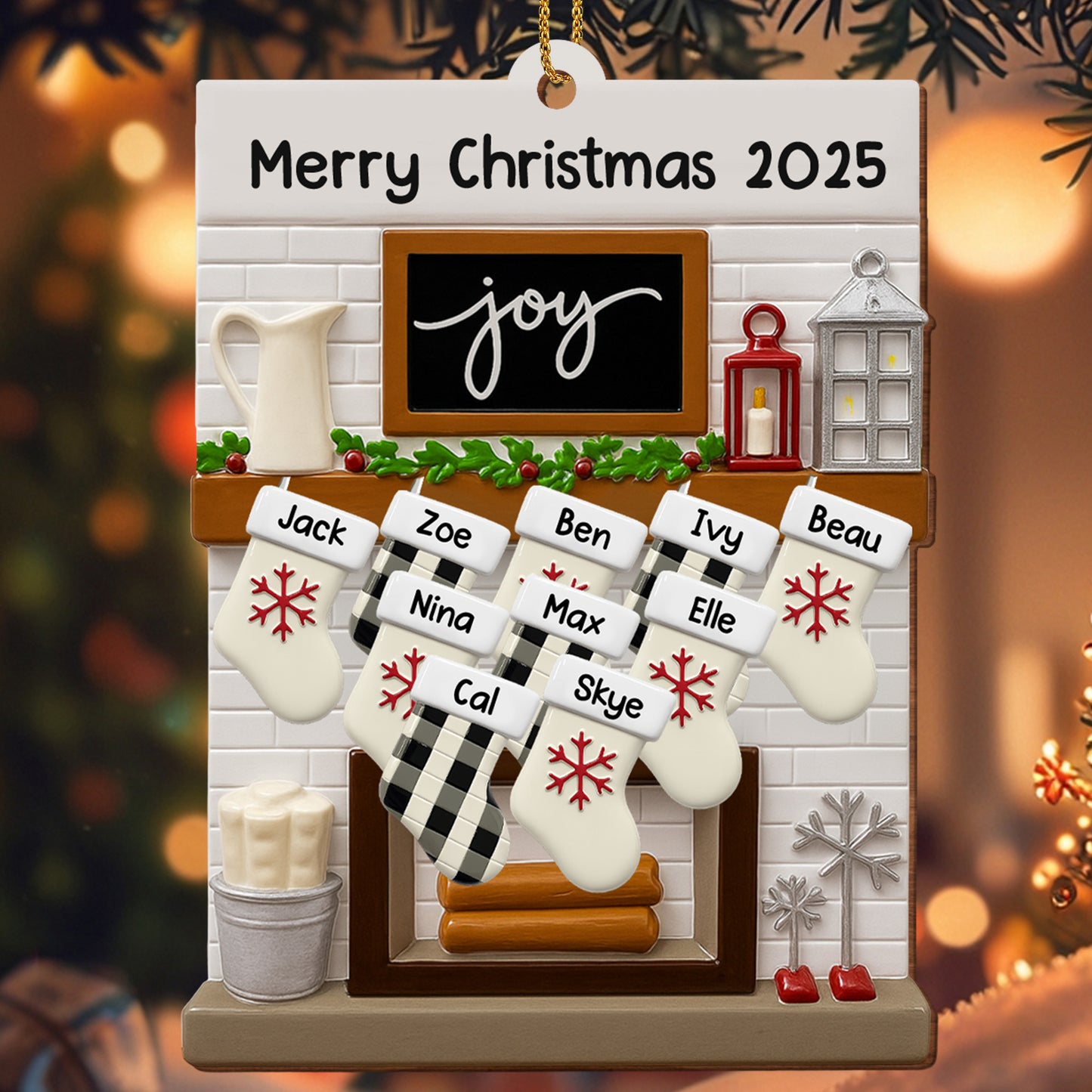 Medias y farol navideños - Adorno de madera personalizado, forma personalizada - FAM423_WDO