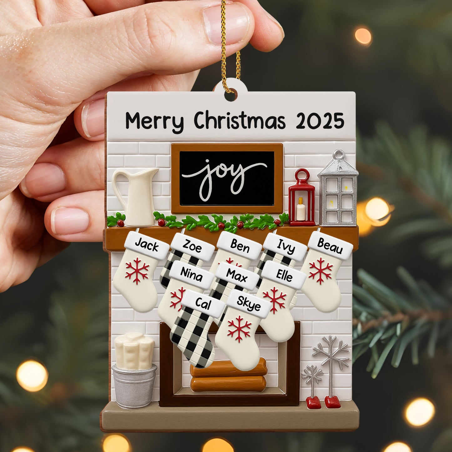 Medias y farol navideños - Adorno de madera personalizado, forma personalizada - FAM423_WDO