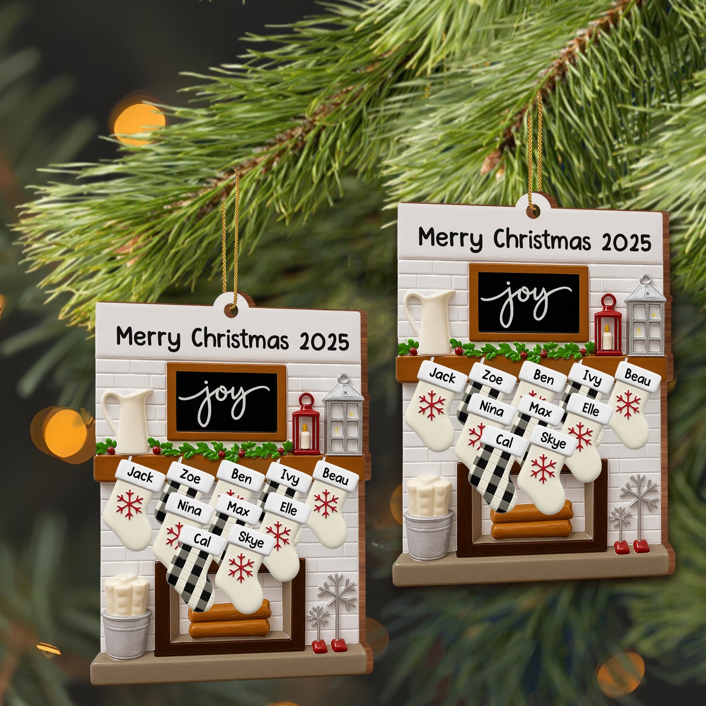 Medias y farol navideños - Adorno de madera personalizado, forma personalizada - FAM423_WDO