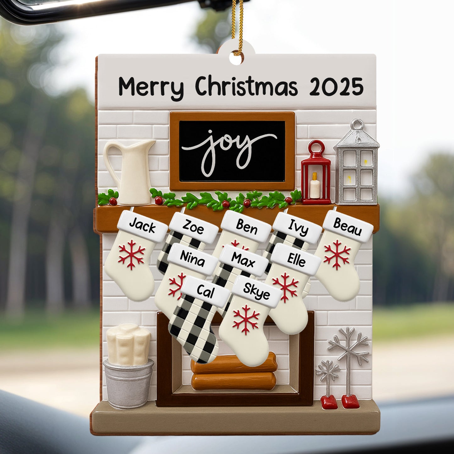 Medias y farol navideños - Adorno de madera personalizado, forma personalizada - FAM423_WDO