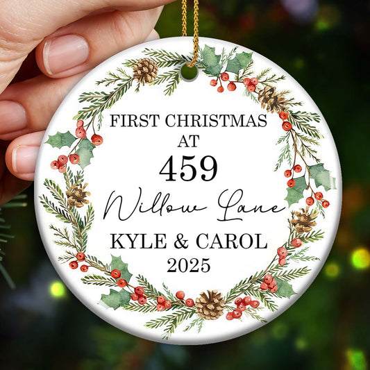First Christmas At [Address] Ornament With Holly And Pine Cones