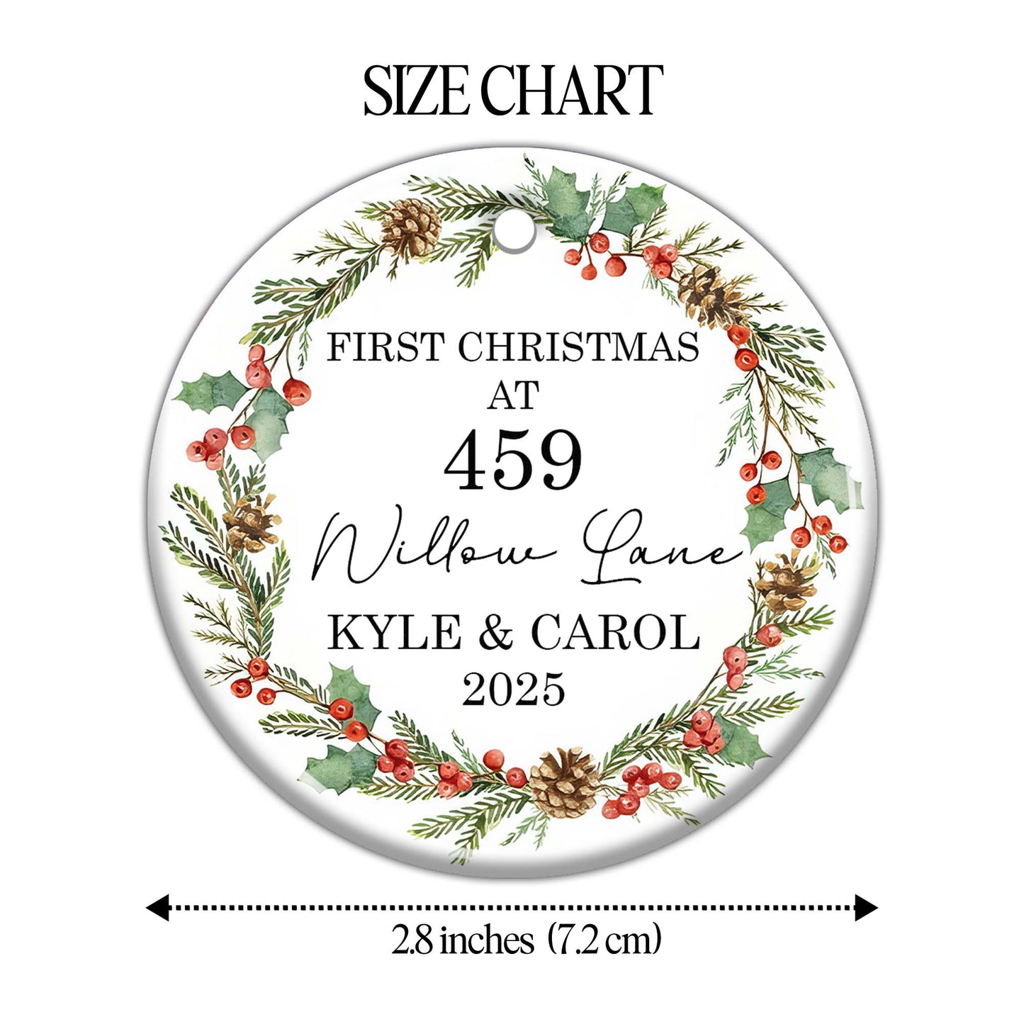 First Christmas At [Address] Ornament With Holly And Pine Cones