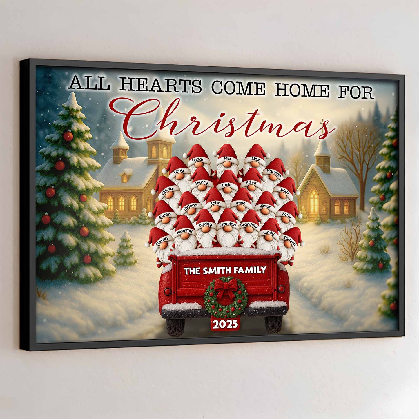 All Hearts Come Home For Christmas With Santa Hats and Red Pickup Truck