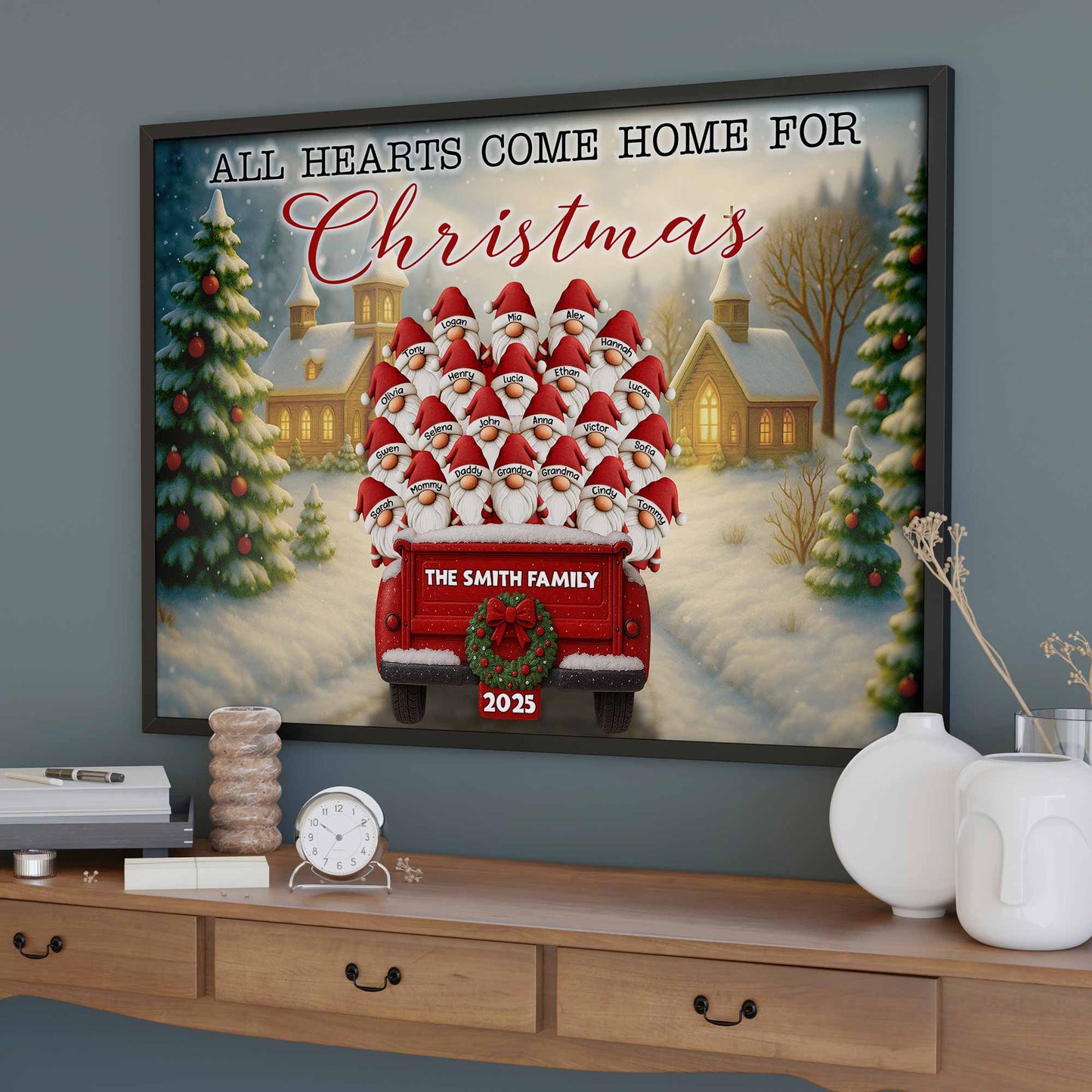 All Hearts Come Home For Christmas With Santa Hats and Red Pickup Truck