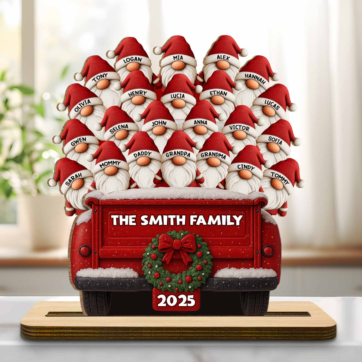Celebrate Your Family's Unique Bond With Festive Gnomes And Red Truck - Personalized Custom 2-Layer Wood Plaque With Flat Base - FAM440_WPLA