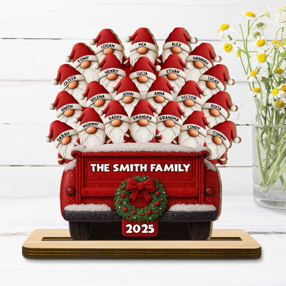 Celebrate Your Family's Unique Bond With Festive Gnomes And Red Truck - Personalized Custom 2-Layer Wood Plaque With Flat Base - FAM440_WPLA