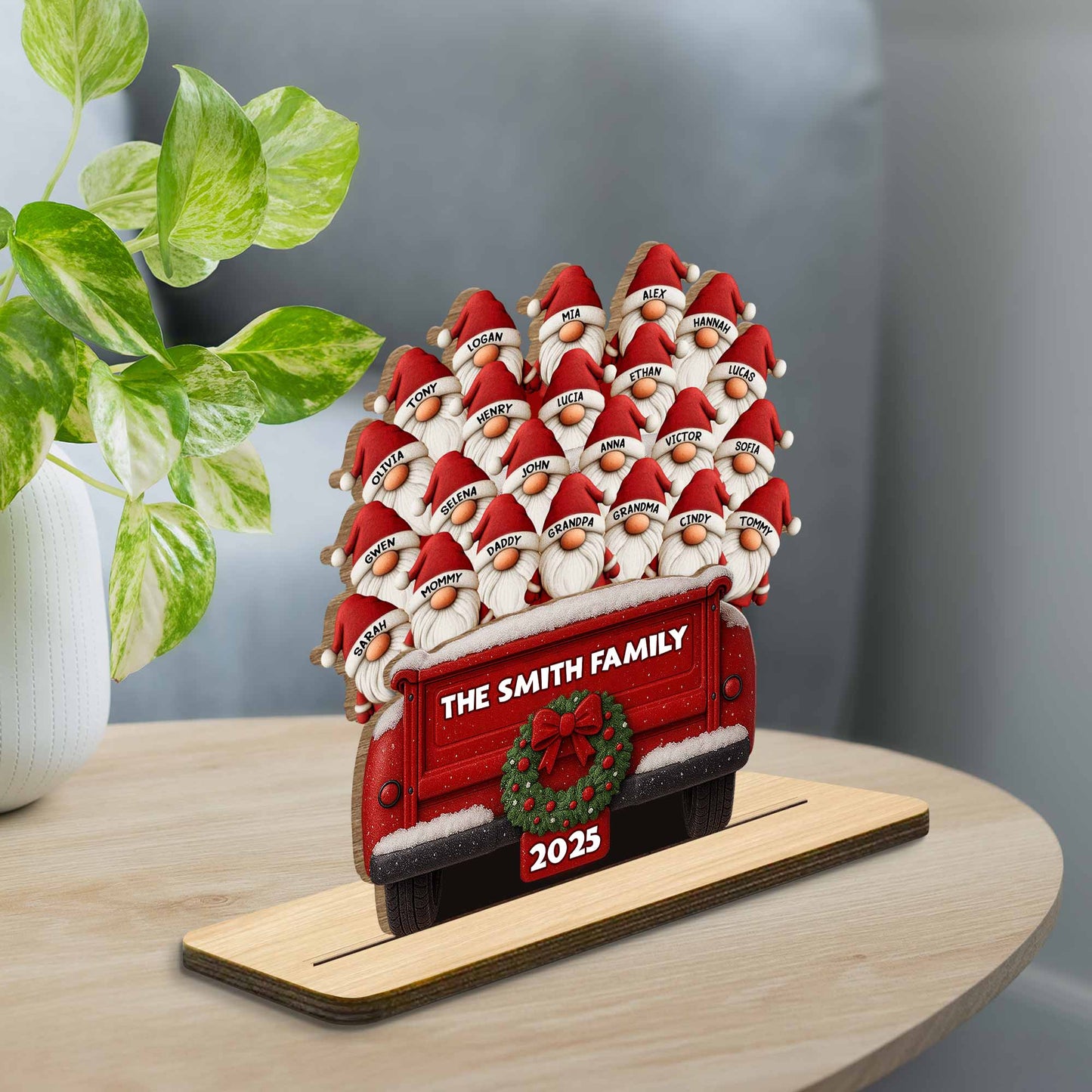 Celebrate Your Family's Unique Bond With Festive Gnomes And Red Truck - Personalized Custom 2-Layer Wood Plaque With Flat Base - FAM440_WPLA
