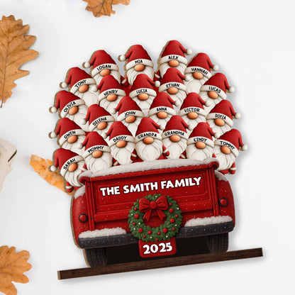 Celebrate Your Family's Unique Bond With Festive Gnomes And Red Truck - Personalized Custom 2-Layer Wood Plaque With Flat Base - FAM440_WPLA