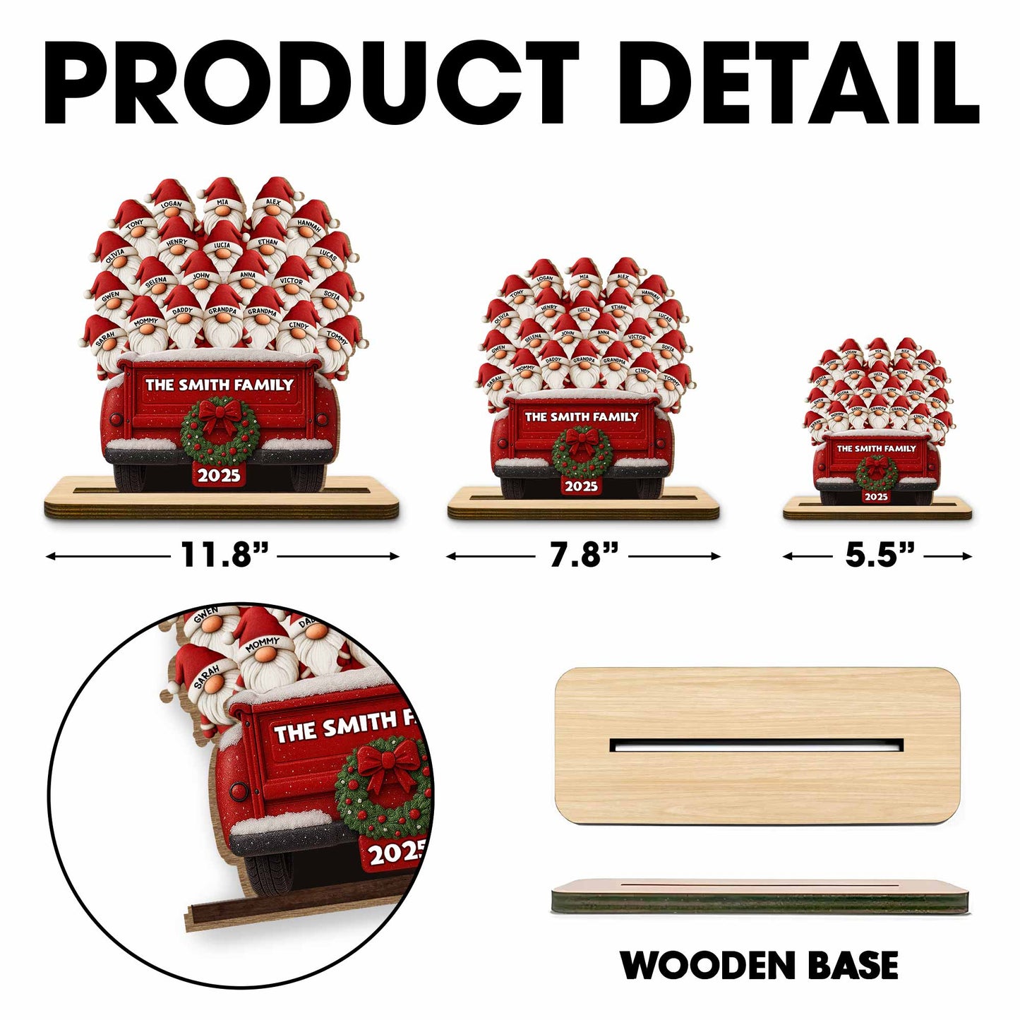 Celebrate Your Family's Unique Bond With Festive Gnomes And Red Truck - Personalized Custom 2-Layer Wood Plaque With Flat Base - FAM440_WPLA