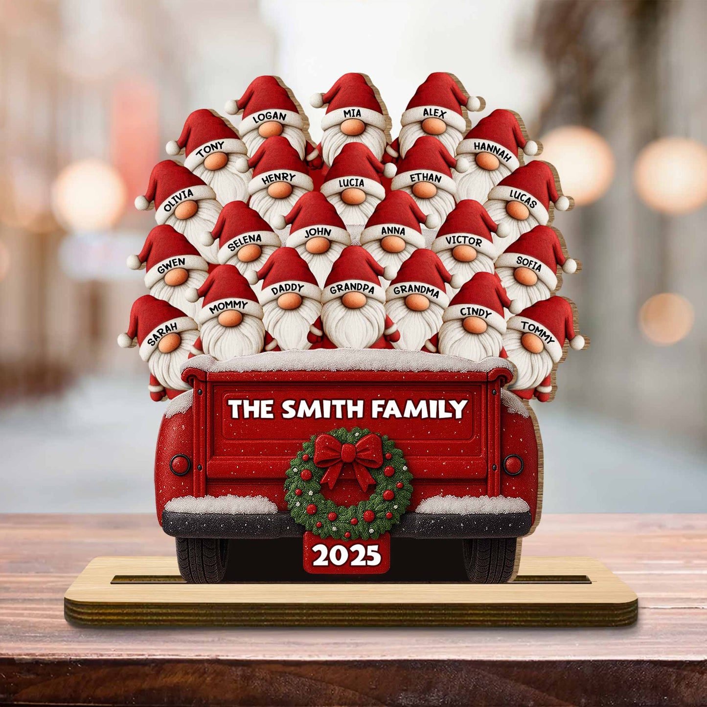 Celebrate Your Family's Unique Bond With Festive Gnomes And Red Truck - Personalized Custom 2-Layer Wood Plaque With Flat Base - FAM440_WPLA