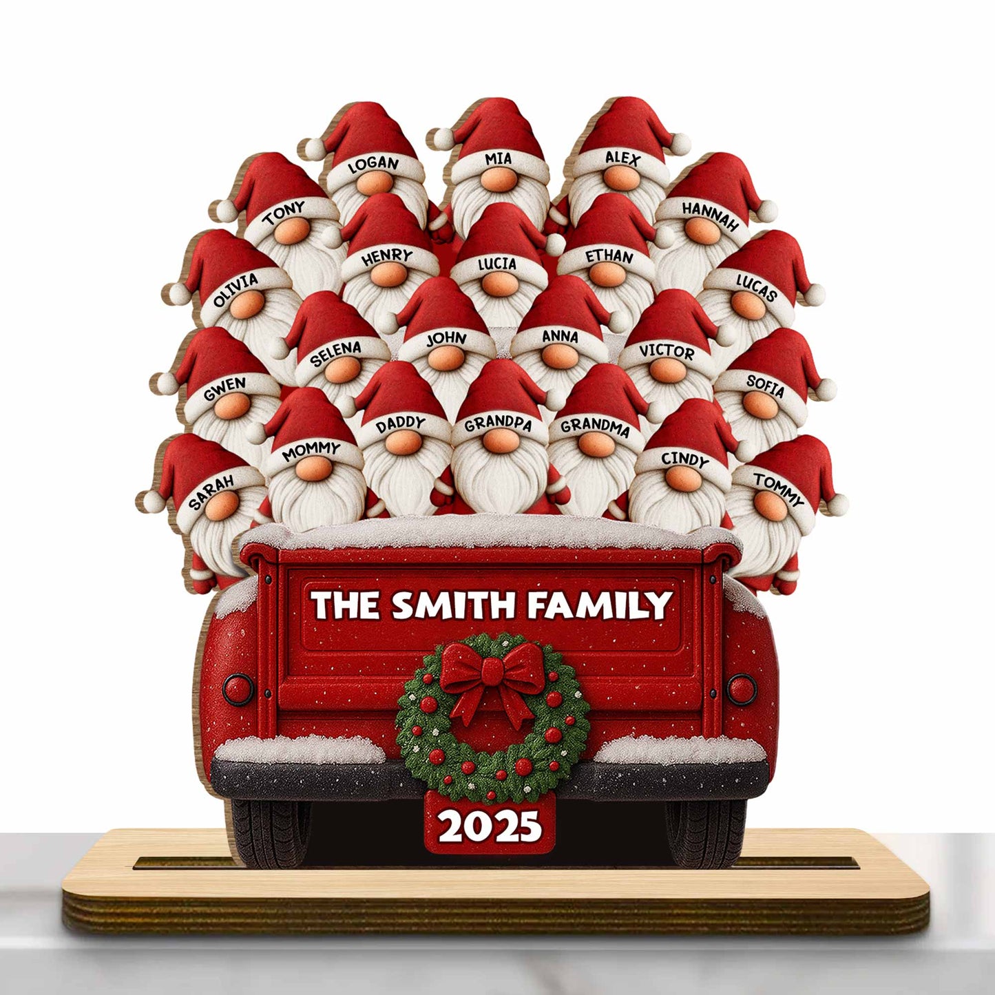 Celebrate Your Family's Unique Bond With Festive Gnomes And Red Truck - Personalized Custom 2-Layer Wood Plaque With Flat Base - FAM440_WPLA
