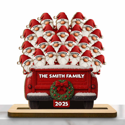 Celebrate Your Family's Unique Bond With Festive Gnomes And Red Truck - Personalized Custom 2-Layer Wood Plaque With Flat Base - FAM440_WPLA