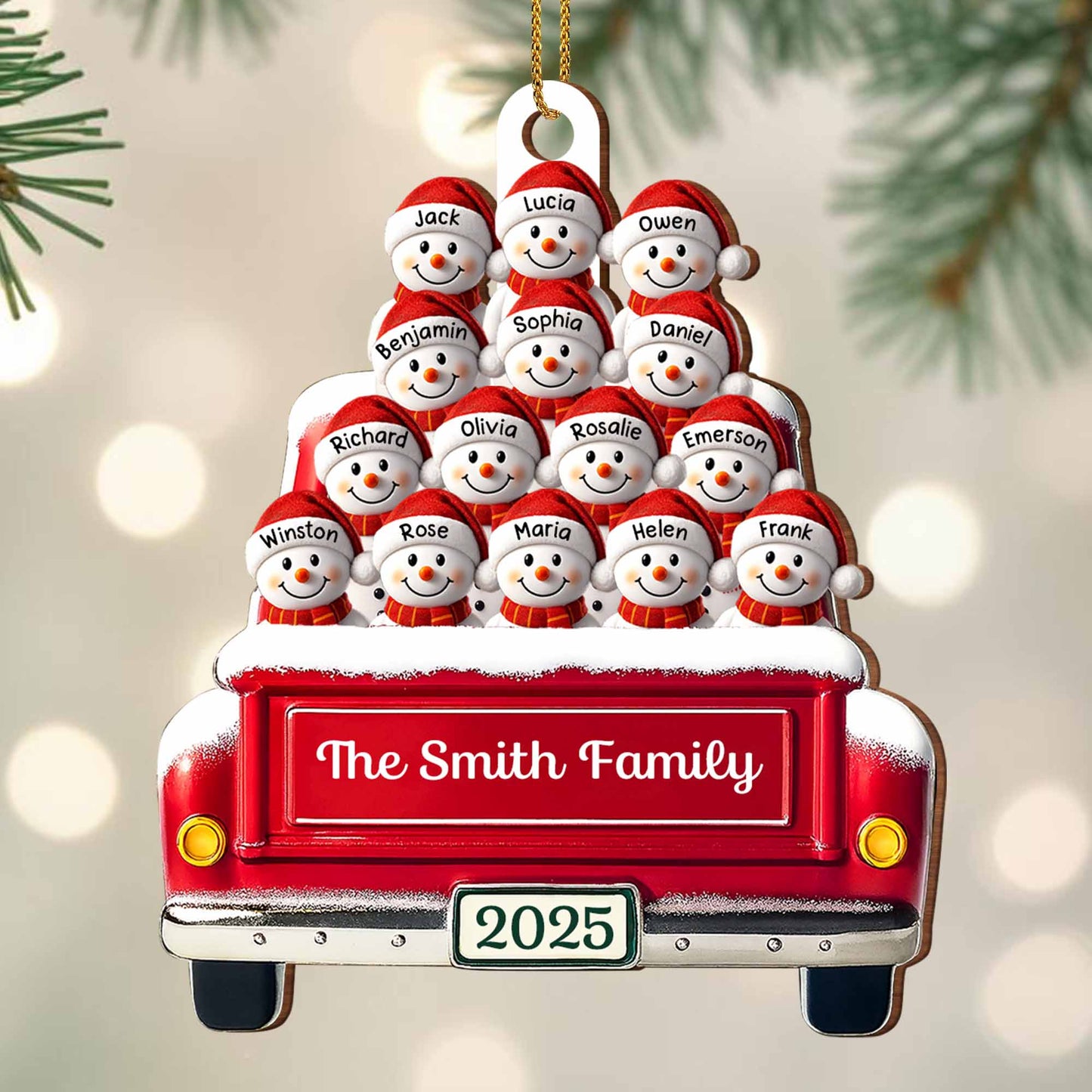 Momentos festivos en familia con autobús decorativo y muñecos de nieve - Adorno de madera personalizado, forma personalizada - FAM447_WDO