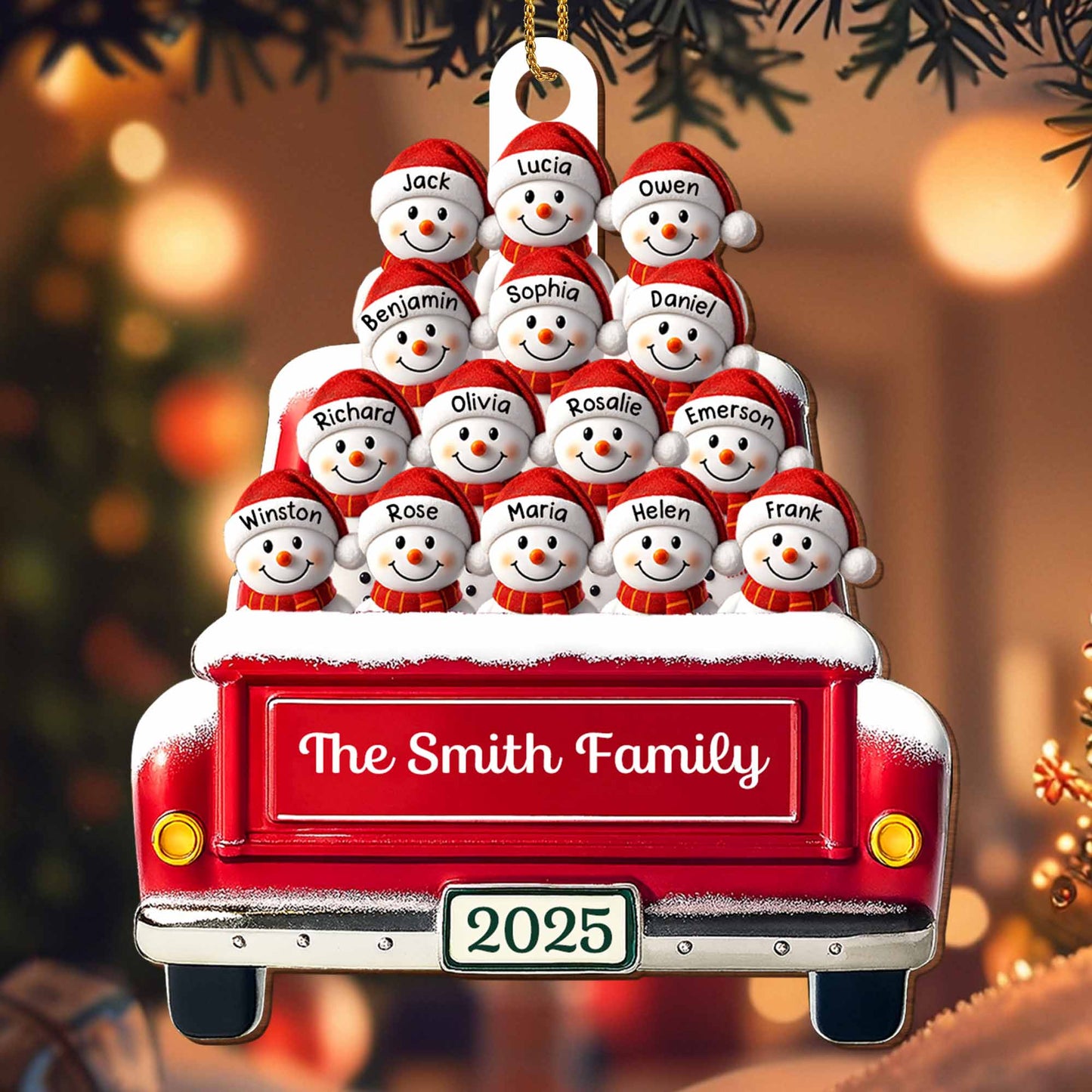 Momentos festivos en familia con autobús decorativo y muñecos de nieve - Adorno de madera personalizado, forma personalizada - FAM447_WDO