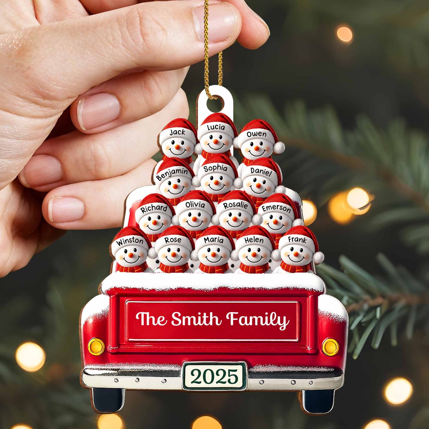 Momentos festivos en familia con autobús decorativo y muñecos de nieve - Adorno de madera personalizado, forma personalizada - FAM447_WDO