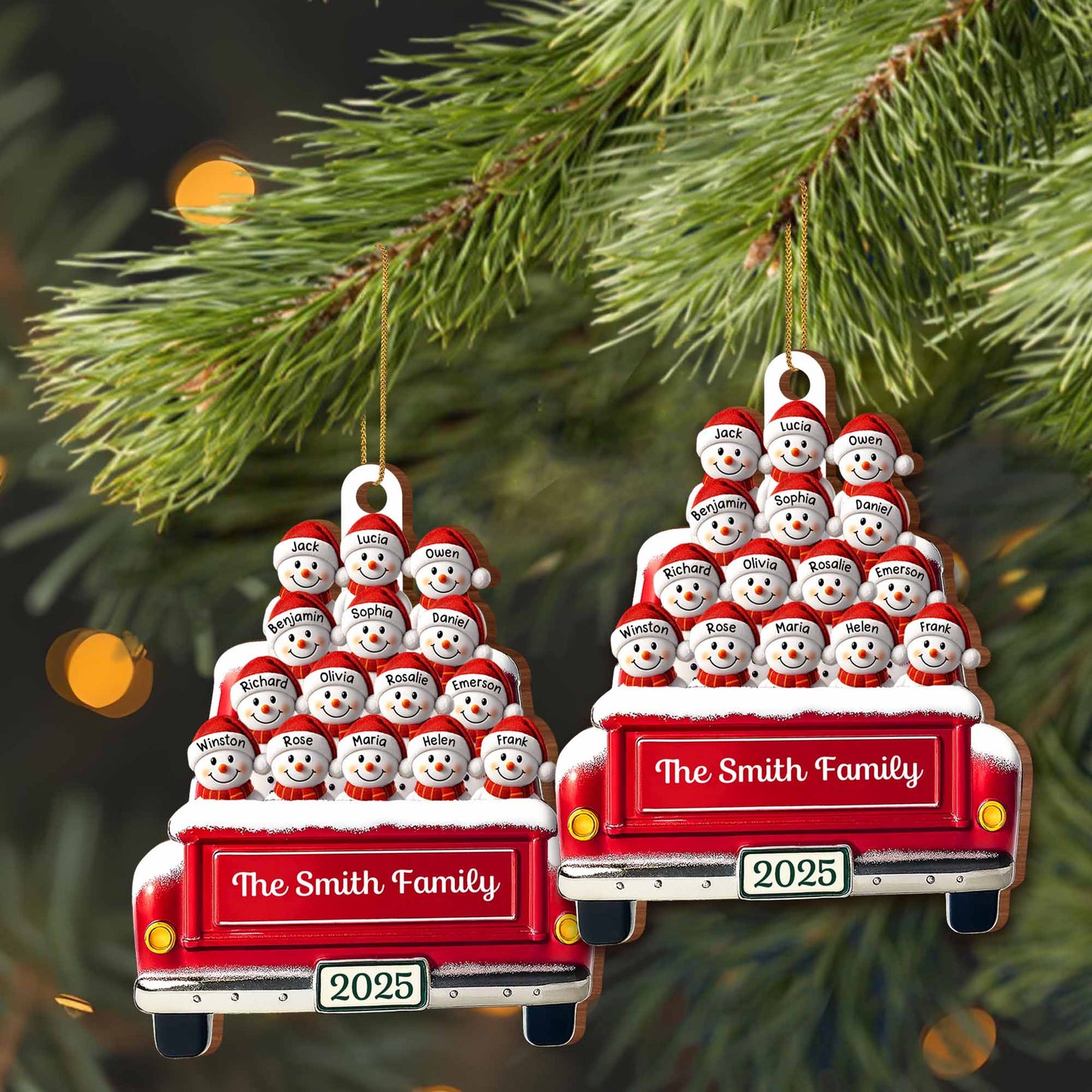 Momentos festivos en familia con autobús decorativo y muñecos de nieve - Adorno de madera personalizado, forma personalizada - FAM447_WDO