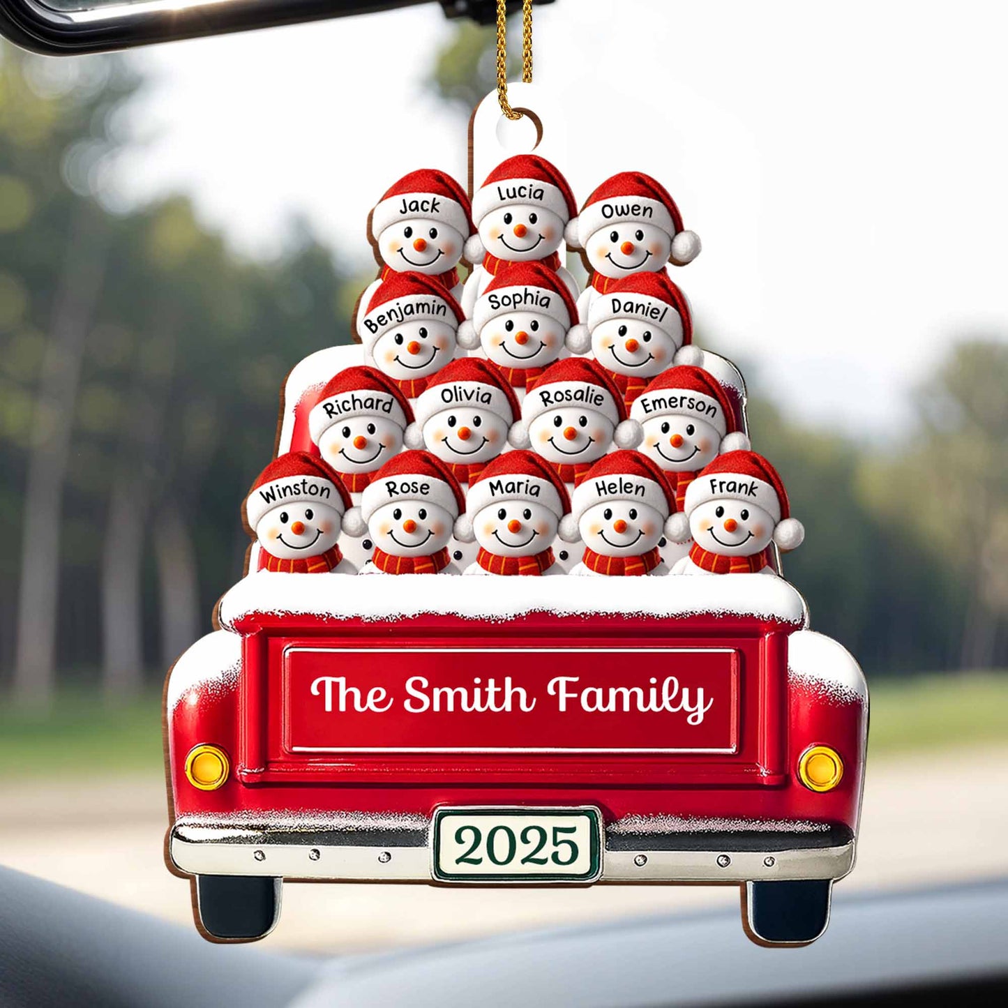Momentos festivos en familia con autobús decorativo y muñecos de nieve - Adorno de madera personalizado, forma personalizada - FAM447_WDO