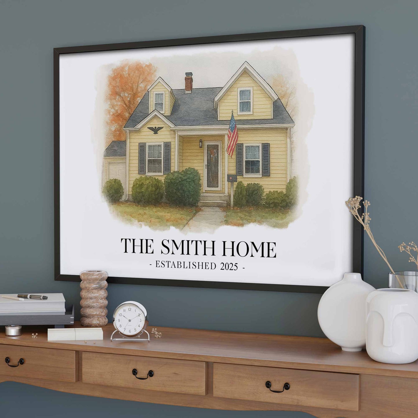 La maison Smith, maison avec drapeau américain – Affiche horizontale personnalisée – FAM449_HPOS