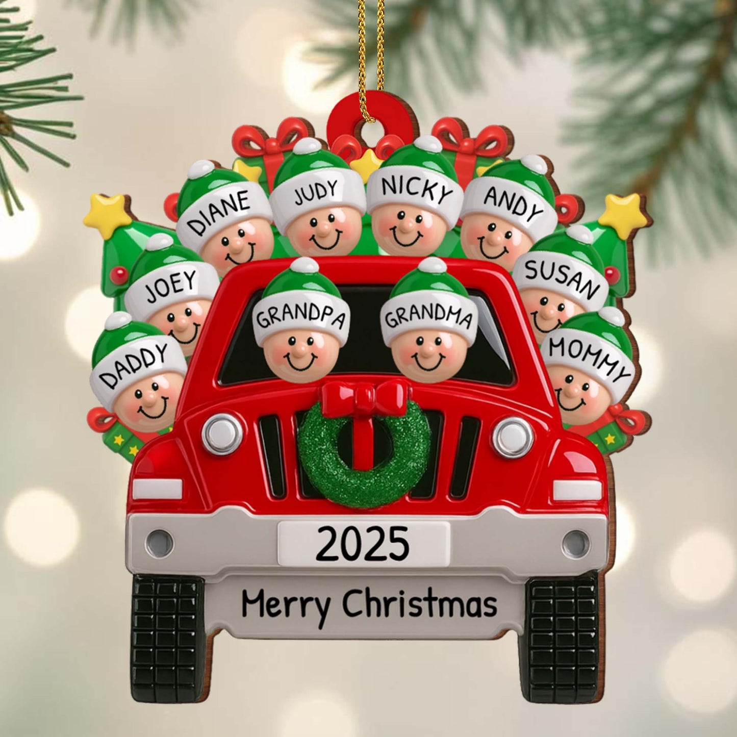 Merry Christmas Family Red Truck Ornament